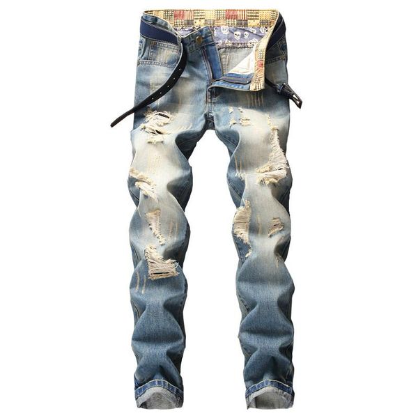 

men trendy pants slim fit jeans men big hole denim pants new starting point daily hip hop new jeans for man, Blue