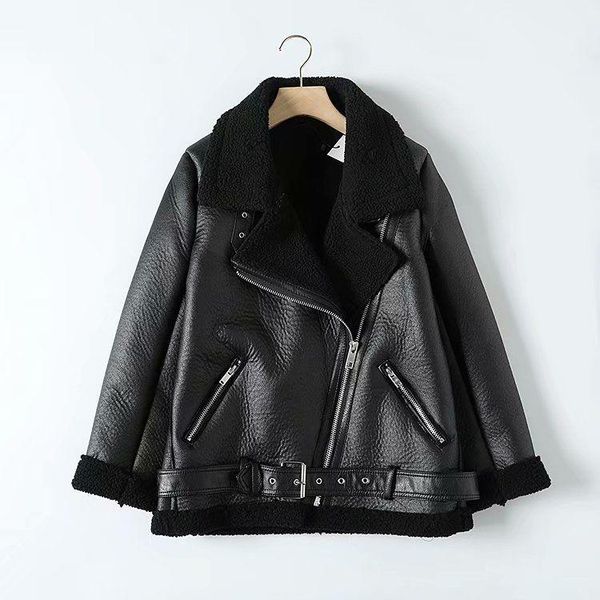 

women's fur & faux motorcycle jacket loose belt warm woman's lamb wool coat winter thicken lapel female pu leather cooat, Black