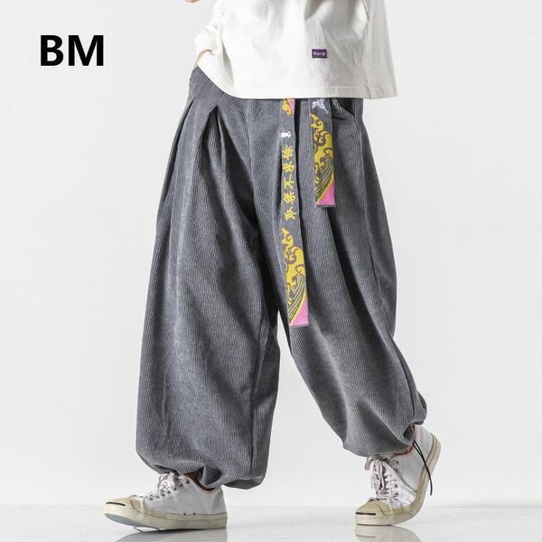 

chinese style belt fashion loose baggy casual pants men clothing 2020 harajuku corduroy bloomers 5xl plus size harem pants male1, Black