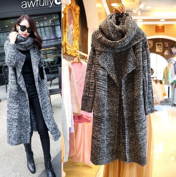 

wholesale-winter knitted sweater with scarf shawl turn down collar loose long cardigan light/dark gray casual open stitch sweaters coat11, White;black