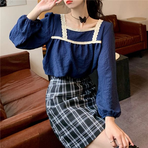 

2021 new puff sleeve blouse women square collar korean style fashion shirts solid casual lace kawaii female clothing autumn ookl, White