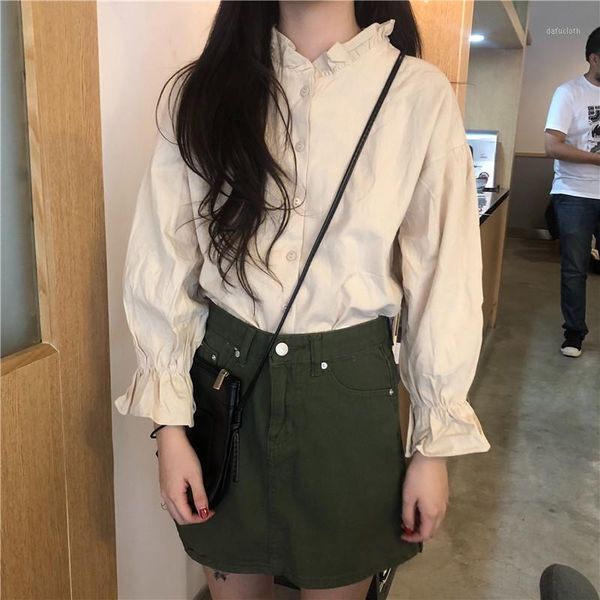 

2020 summer casual long sleeve chiffon shirts female ruffles blusas korean solid womens ruffled collar blouses ladies mujer1, White
