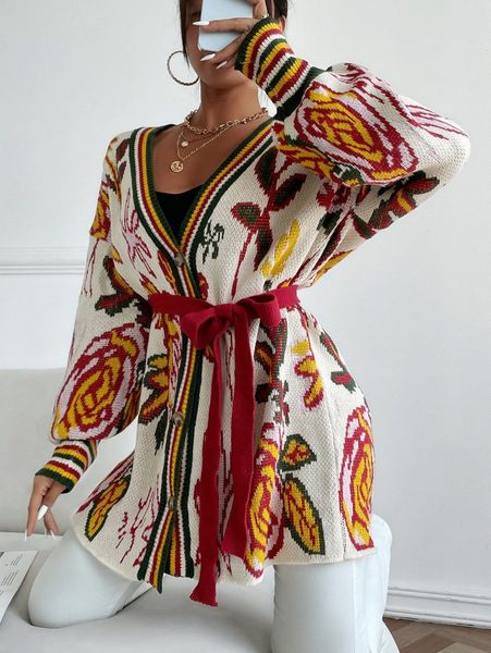 

drop shoulder floral & graphic pattern colorblock belted cardigan q7nj#, White