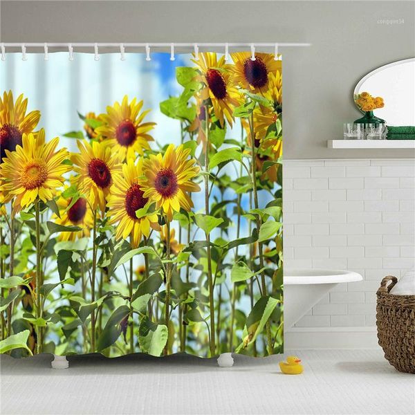 

moistureproof bath shower curtains sun flowers prints screen set with hooks in the bathroom home decor polyester cortina ducha1