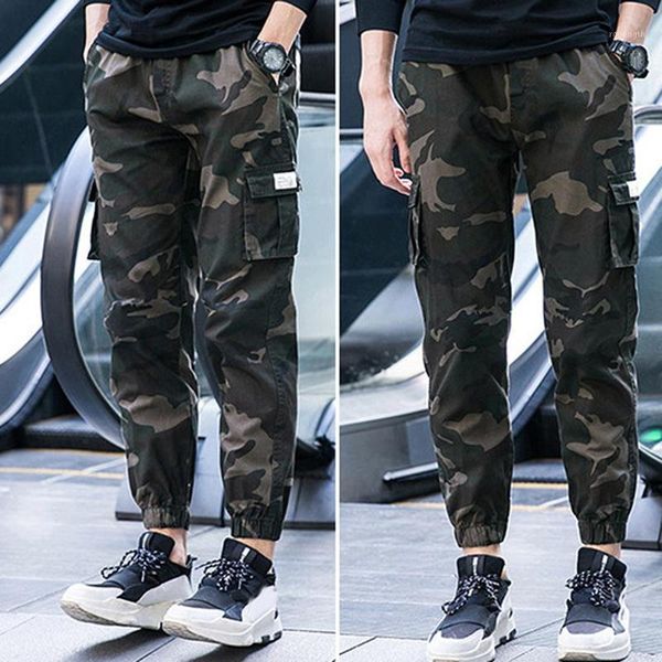 

camo men thin multi-pocket ankle tie elastic waist straight cargo pants trousers1, Black
