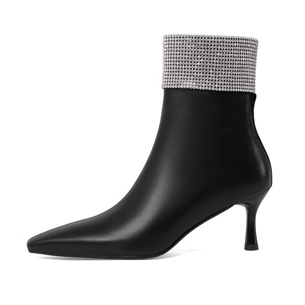 

new 2021 genuine leather crystal ladies ankle thin high heels party dancing shoes woman women brand boots zcmk, Black