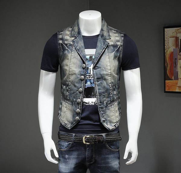 

boutique mens nordic denim vest personality art denim suit vest mens embroidered fashion mj5162, Black;brown