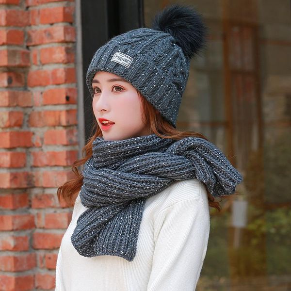 

2020 winter wool blend knitted hat scarf 2pcs set for women skullies beanies caps warm thick ears knitted hat outdoor ski cap, Blue;gray