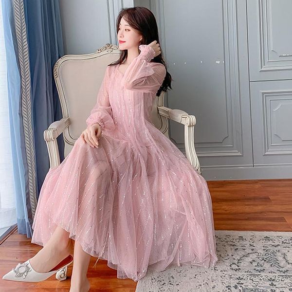 

new long female 2021 dress, round lantern cleavage, modern fair mesh auqk, Black;gray