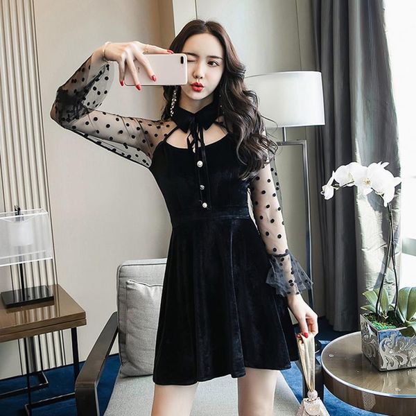 

dress black elegant hollow mesh patchwork mini velvet dress long sleeve winter autumn vintage ladies dresses women s-xxl, Black;gray