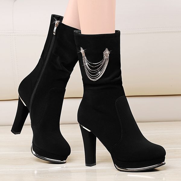 

зима новая короткопроницаемая трубка женские ботильоны толстые с течет fang boots повседневная кожаная ботас круглая головка высокие каблуки, Black