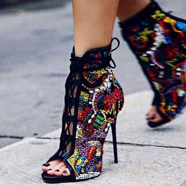 

boots multicolor crystal high heel ankle peep toe lace-up stiletto heels dress shoes string bead cut-out short bootie drop ship1, Black