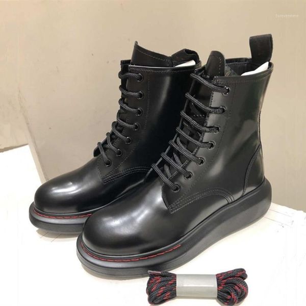 

boots casual short women thick sole ankle for genuine leather botas mujer flat shoes woman lace up ladies shoes1, Black