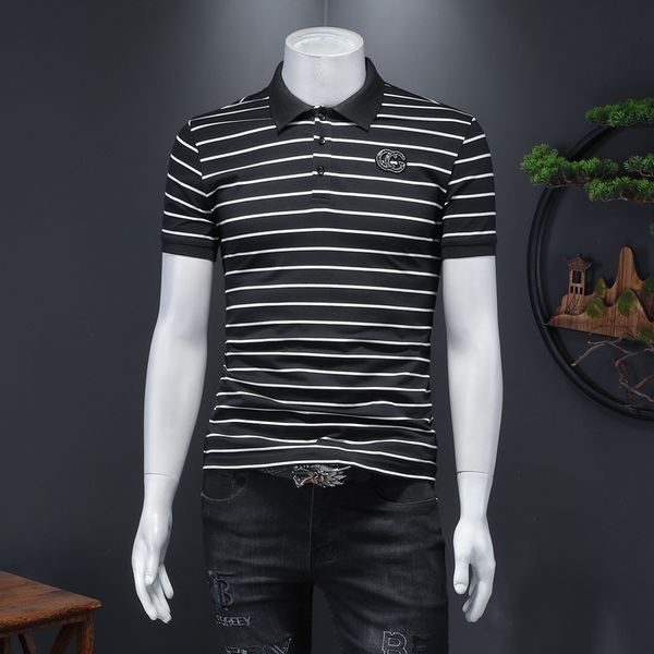 

2021 spring new mercerized pique cotton short-sleeved t-shirt men's business casual boutique striped lapel polo shirt trend, White;black