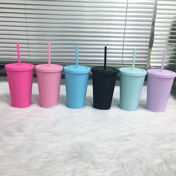 

16oz matte skinny tumbler plastic acrylic tumblers double wall coffee drinking cup with flat lids and straws