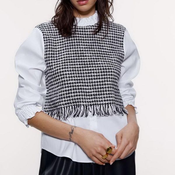 

autumn women long sleeve blouse 2019 new fashion soft plaid woolen patchwork white poplin shirt modern lady casual pullover 1