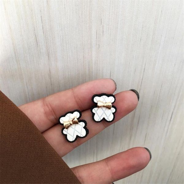 

s925 new design small white bowknot bear animal cute sweet metal stud earrings for women girls trendy jewerly winter daily, Golden;silver