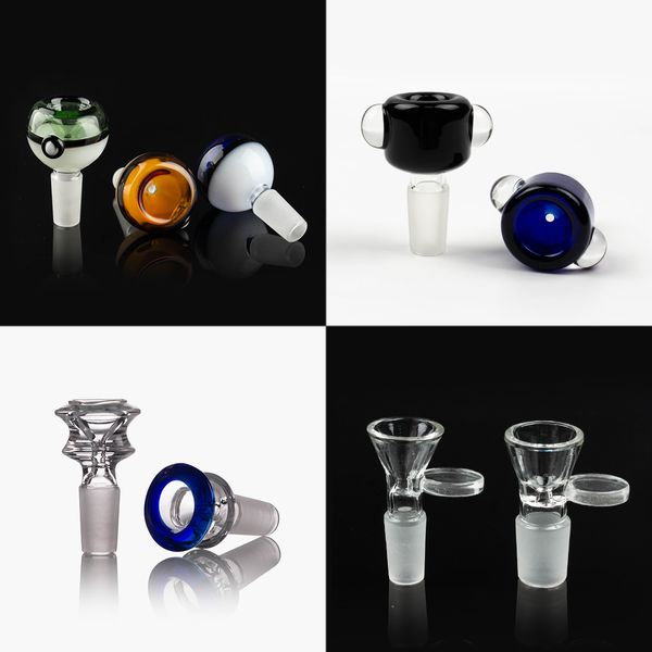 Bunte Glas-Räucherschalen, 14 mm, 18 mm, männliche Schale mit Griff, schöner Slide-Dabber für Wasserpfeifen, Bongs, Dab-Rigs