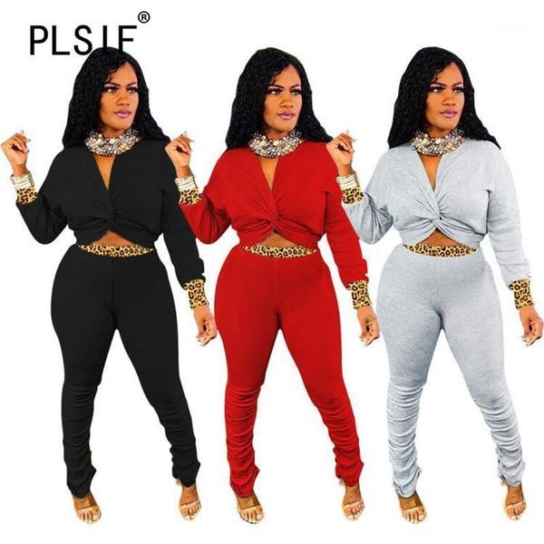 

deep v neck long sleeve simple pure color crop and pants 2 pieces set casual lady fashion outfits1, Gray