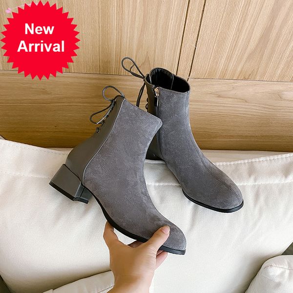 

2021 the new casual style round toe ankle fashion bow-up thick black zipper medium with motorcycle boots women's shoes 5st9