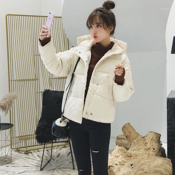 

2020 new sweet short hooed parka thick warm winter jacket women causal solid parka coat female office lady1, Black