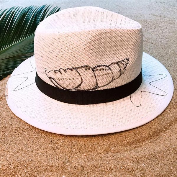 

wide brim hats summer straw sun hat for women beach panama with hand-painted conch sunbonnet cap size 58cm1, Blue;gray