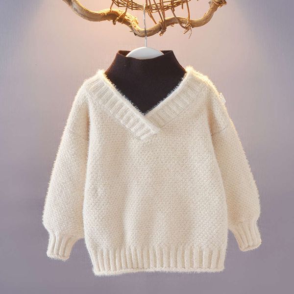 

new autumn winter t-shirt girls' middle and big children's korean version chenille v-neck integrated cashmere sweater, Blue