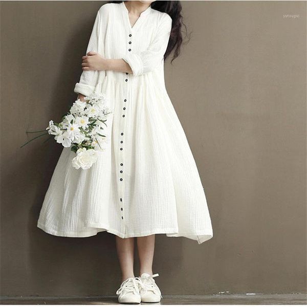 

white long dress women elegant loose long sleeve cotton and linen dress female vestidos oversized vintage maxi woman q25661, Black;gray