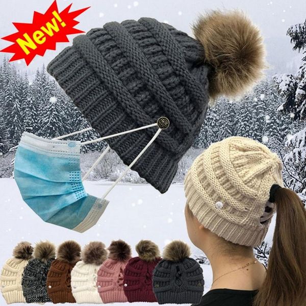 

beanie/skull caps women beanie hat with buttons and velvet lady soft knitted cap stretchy winter warm hats accessories, Blue;gray