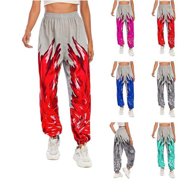 

yoga outfits women's pants elastic waist baggy fashion flame printing sweatpants joggers for fitness casual sport warm tie feet pants1, White;red