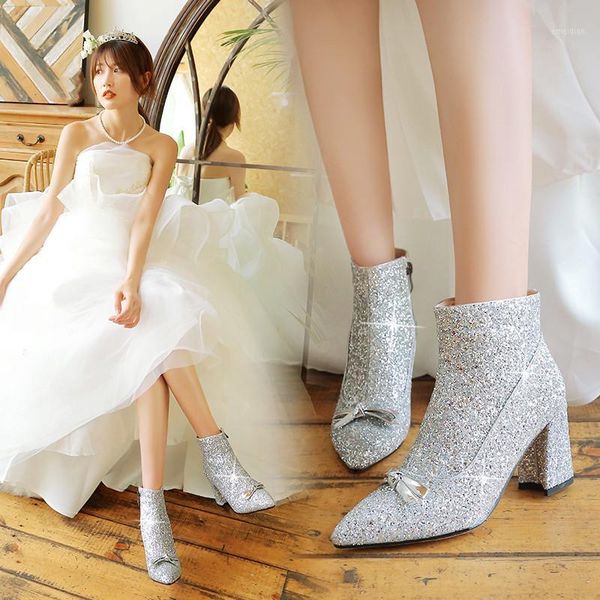 

fashion autumn bling silver red bride wedding shoes high heels womens boots bowtie glitter ankle boot booties female1, Black