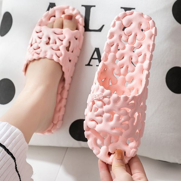 

funny women bathroom slippers pvc home slippers lovers hollowed out soft bottom men cute indoor house shoes ladies slides girl, Black