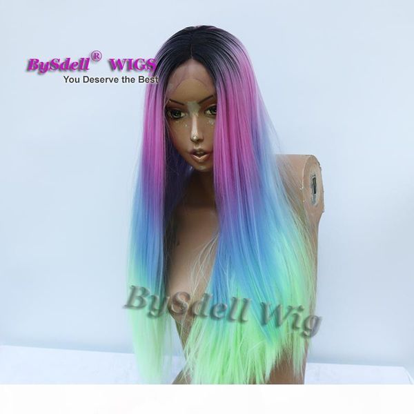 

new arrival synthetic black dark roots ombre mermaid unicorn pink blue green color hair wig long straight hair lace front wigs for sale