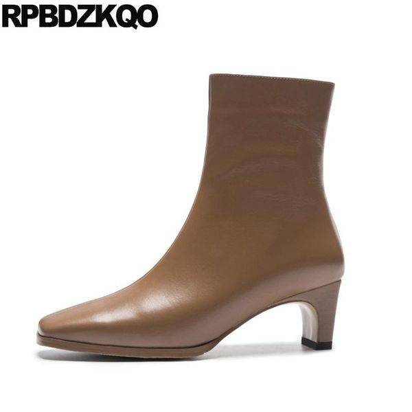 

boots autumn vintage square toe fur winter women ankle medium heel plus size genuine leather chunky big fall 10 brown shoes, Black