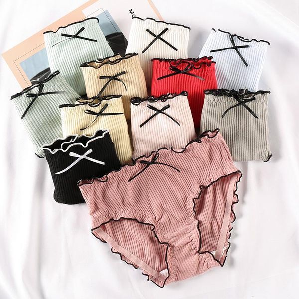 

women's panties 11color japan style briefs comfort cotton mid waist women lovely bow stripe lingerie solid health sleep underwear1, Black;pink