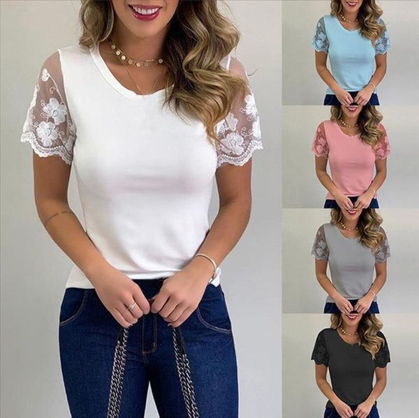 

fashion women summer casual solid lace stitching short sleeve o neck blouse shirt plus size 5xl blouse women blusas 2020@40, White