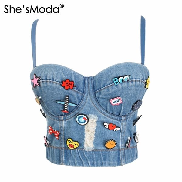 She'sModa Cute Hole Cartoon Decoration Pin Push Up Bustier Bralette delle donne Crea Top Vest Plus Size Corsetto T200729