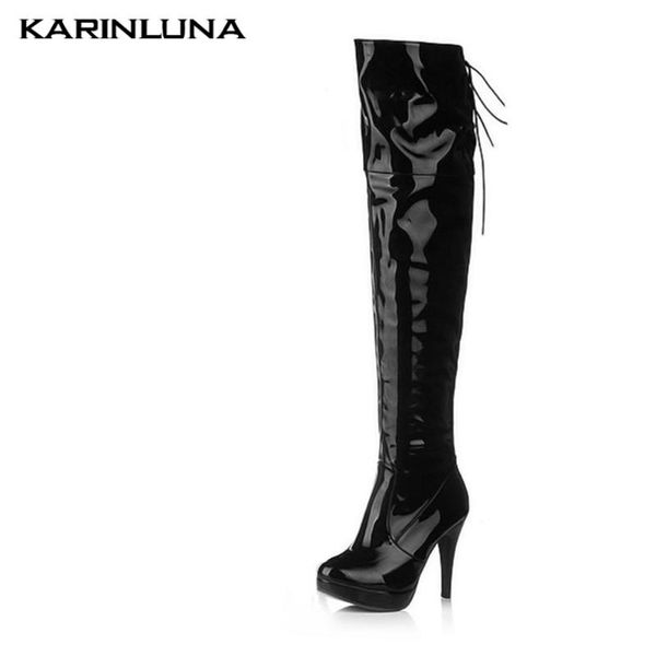 

boots 2021 arrivals plus size 33-43 stylish lace-up over-the-knee solid spike heels thigh high women booties, Black