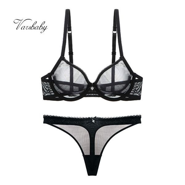 

varsbaby lace unlined underwear solid transparent three quarters yarn thong bra set c1212, Black;white