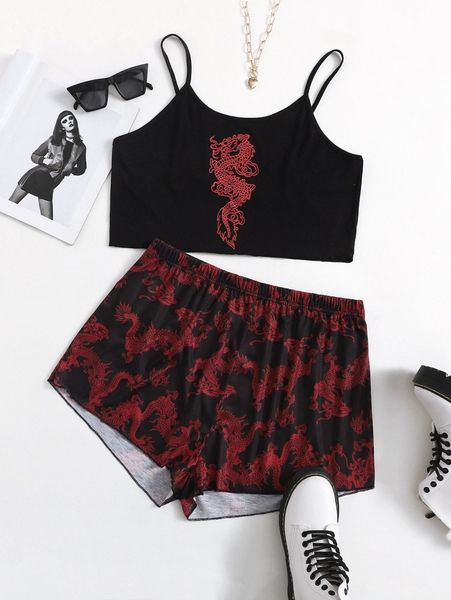 

plus chinese dragon print pajama set q7n3#, Black;white