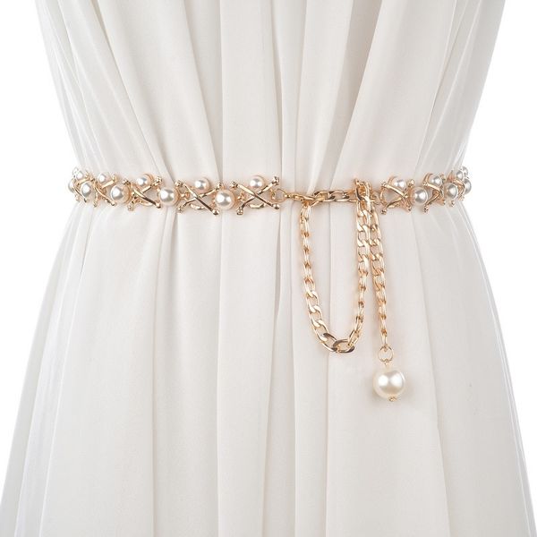 

cetiri belts for women gold metal chain stretchy strap elegant waist belt with pearls designer metal thin belts ceinture femme y200501, Black;brown