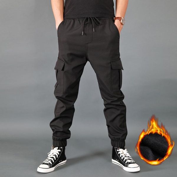 

men's pants puimentiua winter men thick fleece joggers multi pocket loose sport trousers male casual warm sweatpants cargo pant, Black