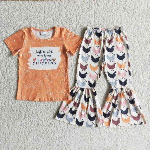 

wholesale farm life baby girl clothes yellow tie dye short sleeve shirt chicken bell-bottomed pants kid outfit children set g0119, White