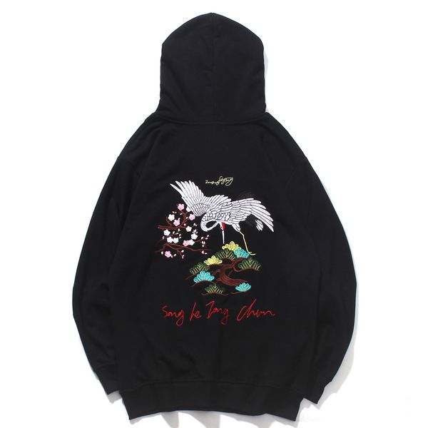 

2021 new autumn cotton pullover embroidery crane harajuku hip hop streetwear hoodie mens japanese loose hooded sweatshirts black mptb