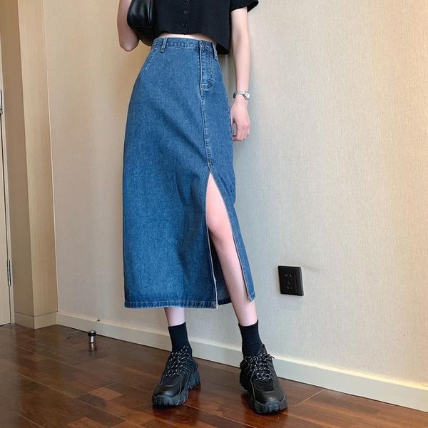 

high waist vintage denim jeans skirts casual wash split long skirt korean harajuk plus size blue skirt femme, Black