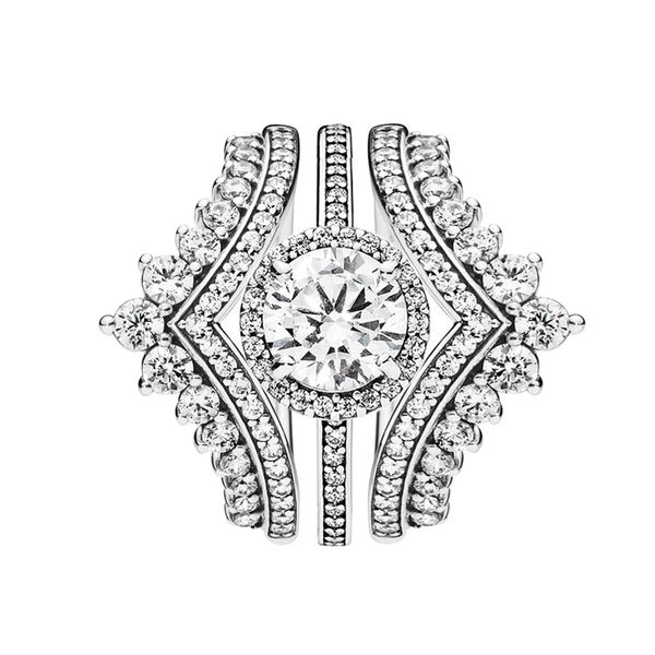 

3 in 1 luxury ring set princess wish rings round sparkle halo ring for pandora 925 sterling silver ring with original box, Slivery;golden