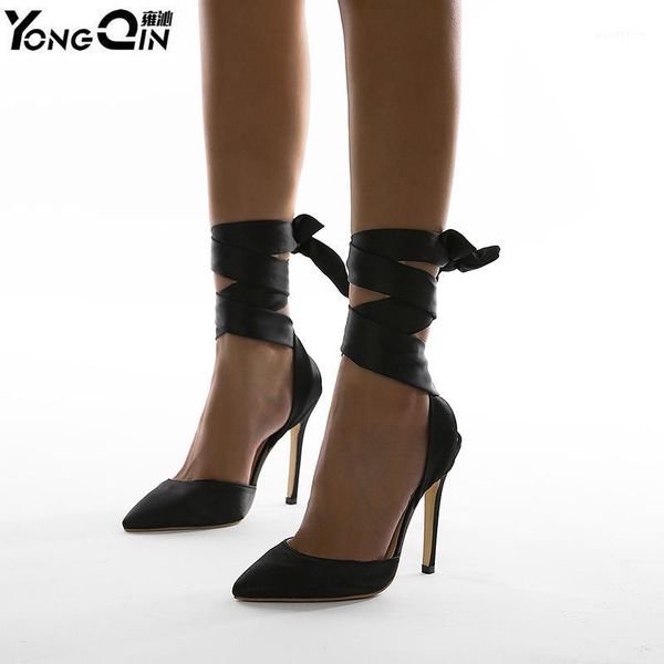 

sandals ribbon lace 12 cm high heels women pointed toe pumps shoes size 35-421, Black