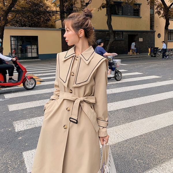 

2021 new navy collar jacket women's autumn and mid-length winter on-at knee coat height 12po, Tan;black