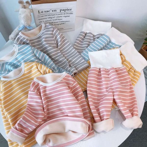 

belly children's thermal housewear high waist care plush underwear round neck winter nightwear two piece set, Blue;red