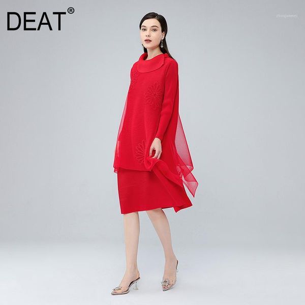 

deat pleated dress women mesh patchwork diamond full sleeve lapel collar casual loose elegant 2021 new spring fashion hc0631, Black;gray